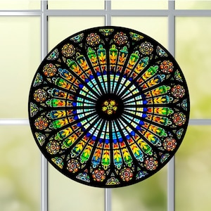 Faux Stained-Glass Rose Window ~ Suncatcher ~ WINDOW CLING ~ Size 8" Round ~  Thick Glassy Deluxe Vinyl