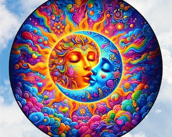 Sun & Moon Kiss Deluxe WINDOW CLING ~ Celestial ~ Psychedelic Hippy Sun-catcher Size 8&quot; Repositionable Vinyl