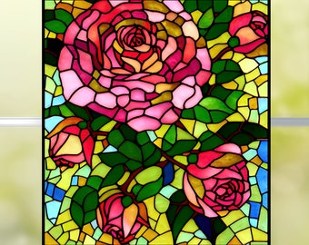 Faux Stained Glass Rose WINDOW CLING ~ Pink Wild Roses ~ Flowers ~ Size 8.8" Thick Glassy Deluxe Vinyl