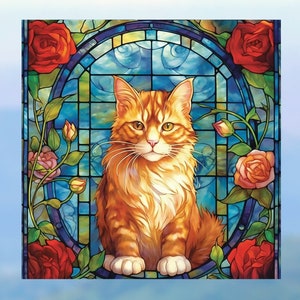 Cat Faux Stained Glass WINDOW CLING Orange Tabby Suncatcher 3 Designs Size 8 Square Thick Glassy Deluxe Vinyl Cat 3