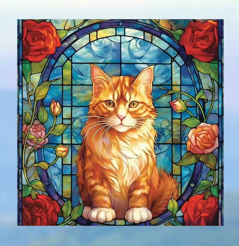 Cat Faux Stained Glass WINDOW CLING Orange Tabby Suncatcher 3 Designs Size 8 Square Thick Glassy Deluxe Vinyl Cat 3