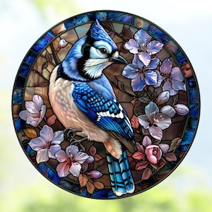 Blue Jay faux gebrandschilderd glas luxe raamdecoratie ~ vogels en bloemen ~ zonvanger maat 8&quot; rond ~ verplaatsbaar vinyl