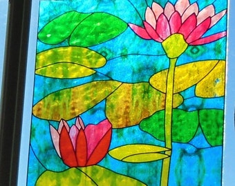 Faux Stained Glass Water Lily Window Cling Pink Flowers Etsy India
