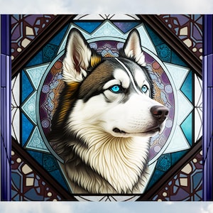 Siberian Husky Faux Stained-Glass Deluxe WINDOW CLING ~ Dog ~ Sun-catcher Size 9.1&quot; Vinyl