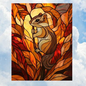 May include: Stained glass artwork featuring a chipmunk perched on a branch, surrounded by autumn leaves. The chipmunk is rendered in shades of brown and tan, with a detailed depiction of fur and features. The leaves are in warm tones of orange, red, and yellow.