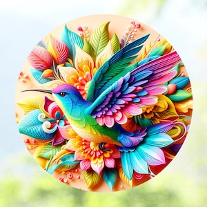 3D Hummingbird  WINDOW CLING ~ Sun-catcher Size 8&quot; Round or Square ~ Repositionable Vinyl
