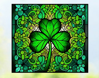 Irish Shamrock Faux Stained Glass WINDOW CLING ~ St Patrick's Day Clover ~ Size 9.1"  Thick Glassy Deluxe Vinyl