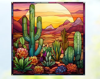 Desert CACTUS ~ Faux Stained Glass WINDOW CLING ~ Suncatcher ~ Sunset ~ Size 8" Two Designs ~  Thick Glassy Deluxe Vinyl