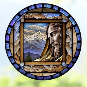 Jesus Faux Stained Glass  Window Cling ~ Sun-catcher Size 8&quot; Round ~ Repositionable Vinyl
