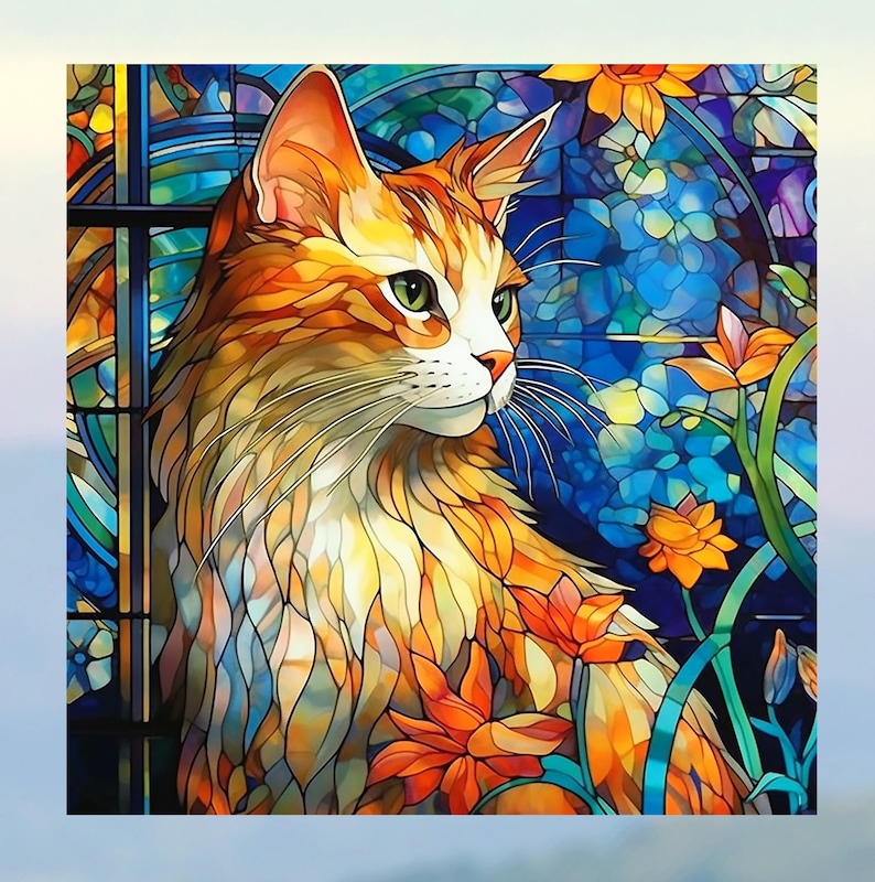 Cat Faux Stained Glass WINDOW CLING Orange Tabby Suncatcher 3 Designs Size 8 Square Thick Glassy Deluxe Vinyl image 7