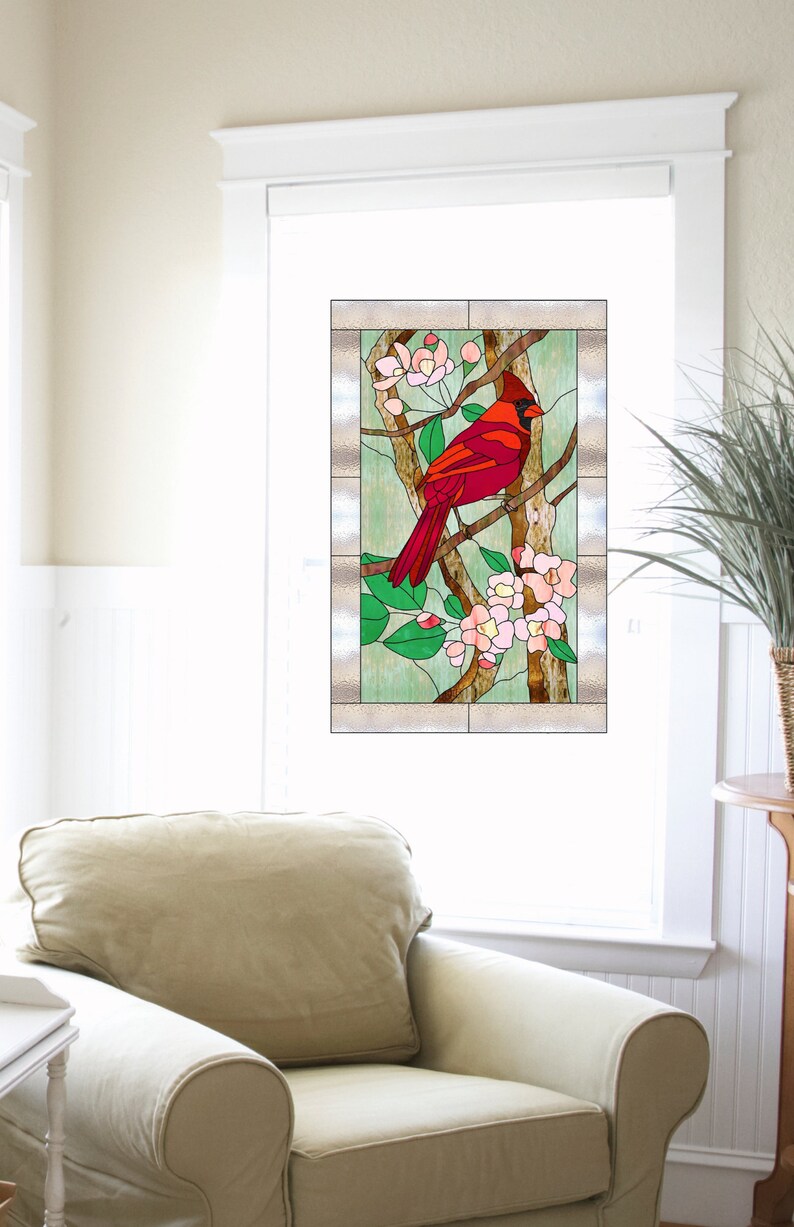 Cardinal WINDOW CLING Faux Stained Glass Red Bird in Tree | Etsy