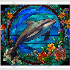 Dolphin Faux Stained Glass Deluxe WINDOW CLING ~ Sun-catcher Size 9.1" Repositionable Vinyl