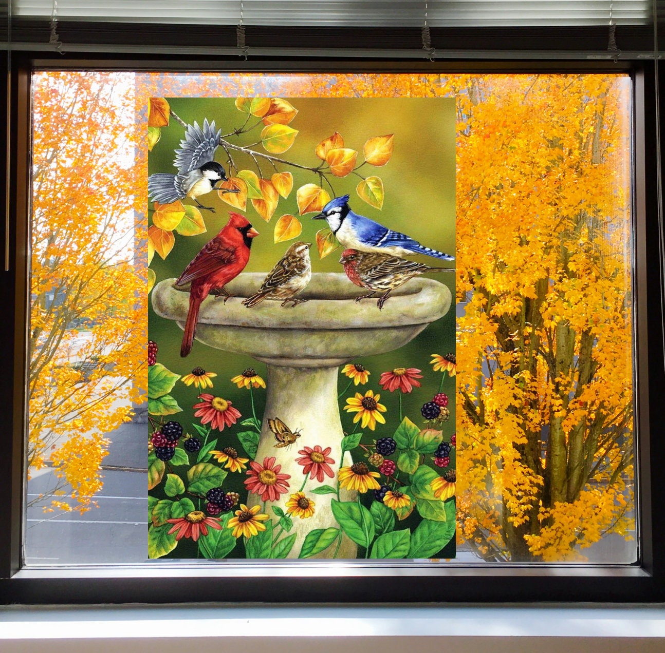 Stickers muraux pour bain d'oiseaux attrape-soleil cardinaux feuilles d'automne  fleurs de marguerite baies vinyle repositionnable 10,6 po. -  France