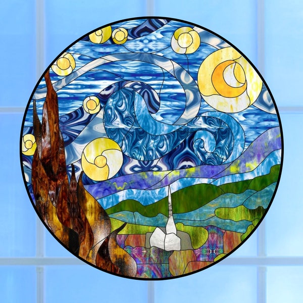 Faux Stained Glass Starry Night WINDOW CLING ~ Van Gogh ~ Stars ~ Round Suncatcher Size 8"  with Glassy Deluxe Vinyl