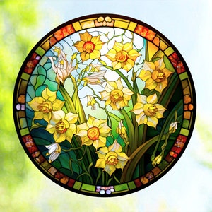 Daffodil WINDOW CLING ~ Faux Stained Glass ~ March Birth Month Flowers ~ Suncatcher Size 8" Round ~  with Glassy Deluxe Vinyl