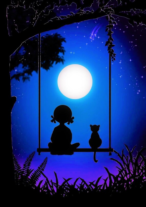 Girl Cat On Swing Window Cling Full Moon Silhouette Etsy Girl Cat On Swing Window Cling Full Moon Silhouette Etsy