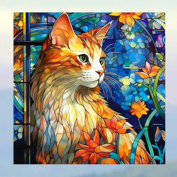 Cat Faux Stained Glass WINDOW CLING ~ Orange ~ Tabby ~ Suncatcher ~ 3 Designs ~ Size 8" Square ~  with Glassy Deluxe Vinyl