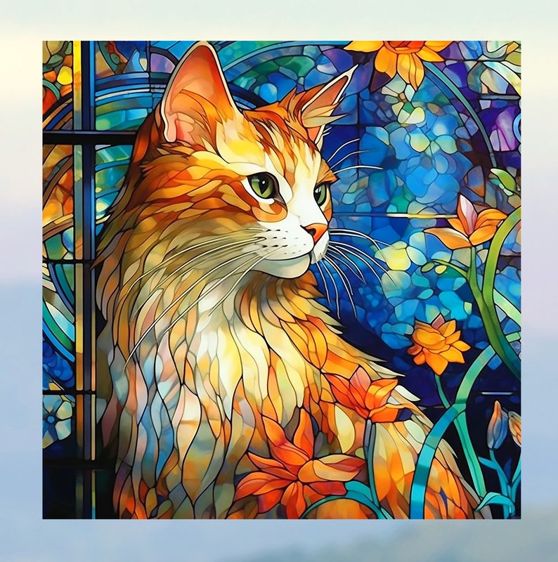 Cat Faux Stained Glass WINDOW CLING Orange Tabby Suncatcher 3 Designs Size 8 Square Thick Glassy Deluxe Vinyl Cat 1