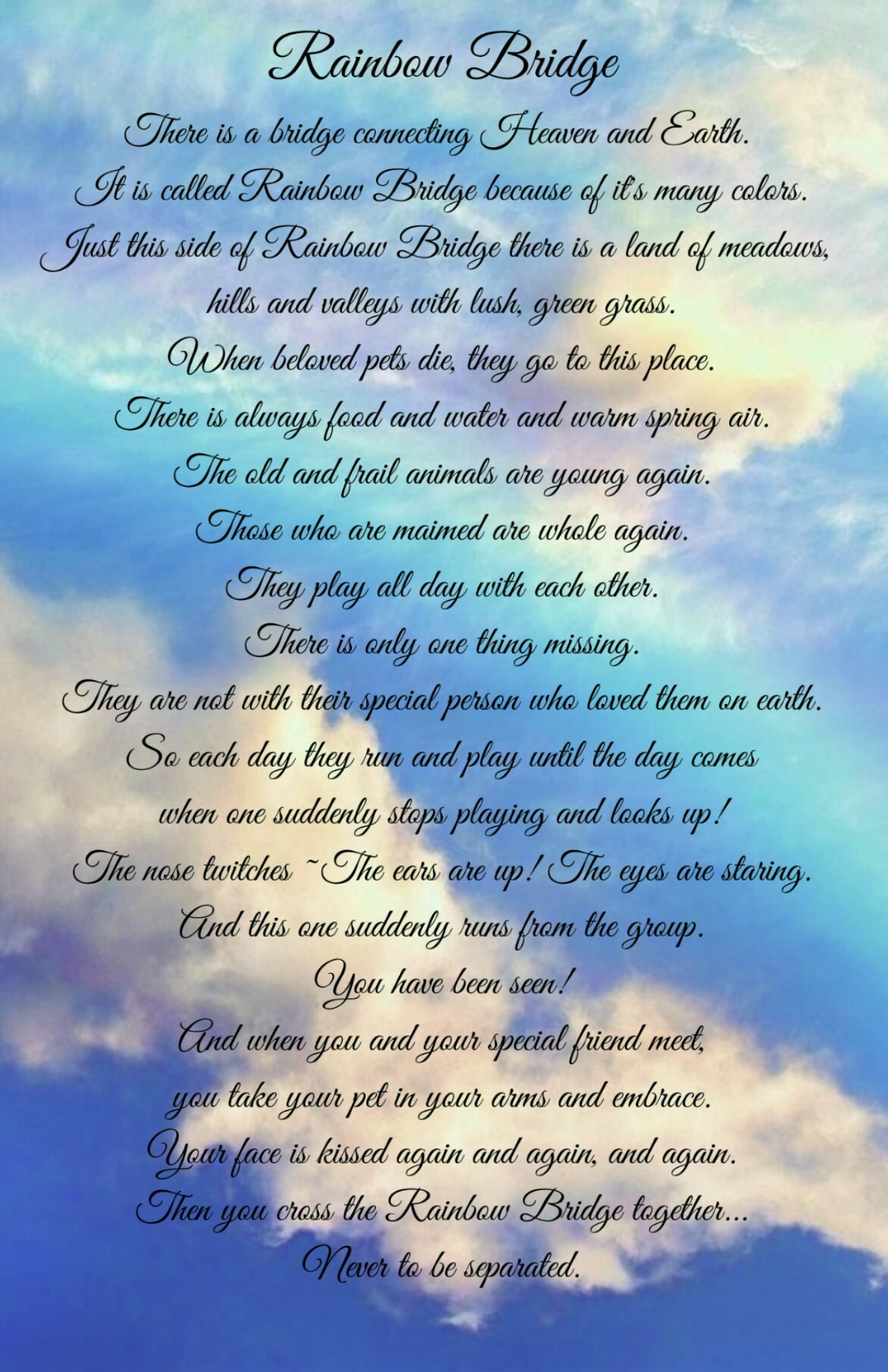 rainbow bridge poem paper print personalized for loss of