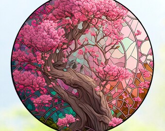 Cherry Blossom Tree WINDOW CLING ~ Faux Stained Glass ~ Japanese ~ Size 8" Round ~  Thick Glassy Deluxe Vinyl