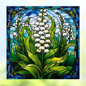 May include: A stained glass window design featuring a cluster of white lily of the valley flowers with green leaves against a blue and green background.