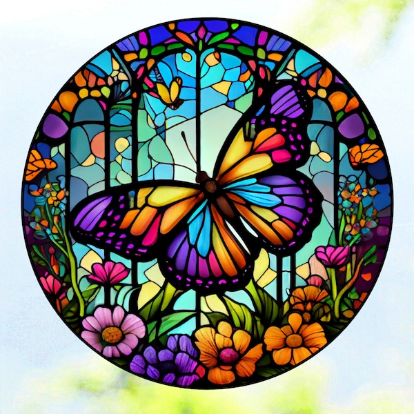 Faux Stained Glass Butterfly WINDOW CLING ~ Size 8" Suncatcher Round ~  Thick Glassy Deluxe Vinyl