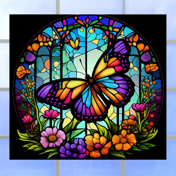 Adhésif pour fenêtre papillon en faux vitrail ~ Taille 8" rond ou 8,7" rectangle ~ Décoration attrape-soleil ~ avec vinyle vitreux de luxe