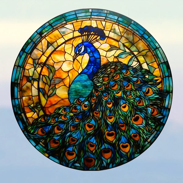 Peacock Faux Stained Glass WINDOW CLING ~ Size 8" Round ~  with Glassy Deluxe Vinyl