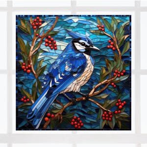 Blue Jay Bird Mozaïek Deluxe WINDOW CLING ~ Zonnevanger, vierkant, herpositioneerbaar vinyl, maat 8&quot;