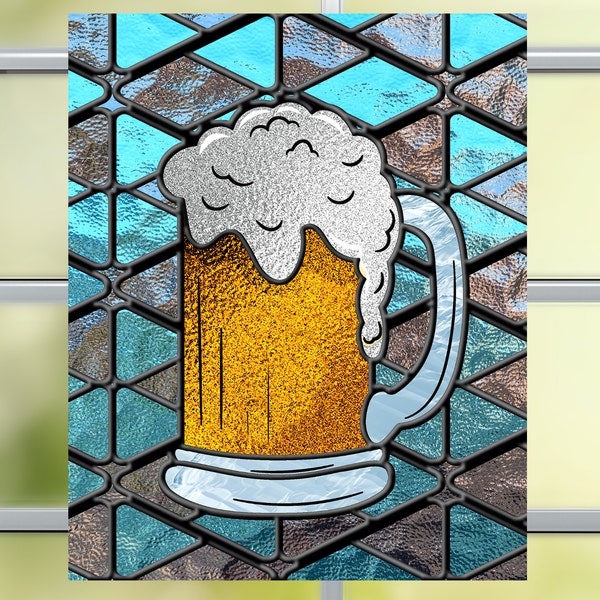 Beer Mug WINDOW CLING ~ Faux Stained Glass ~ Size 10"  Thick Glassy Deluxe Vinyl
