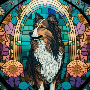 Shetland Sheepdog WINDOW CLING ~ Faux Stained Glass ~ Sheltie ~ Dog Suncatcher Size 9.1"  with Glassy Deluxe Vinyl