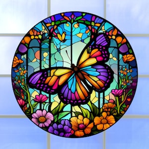 Faux Stained Glass Butterfly WINDOW CLING Size 8 Suncatcher Round Thick Glassy Deluxe Vinyl image 2