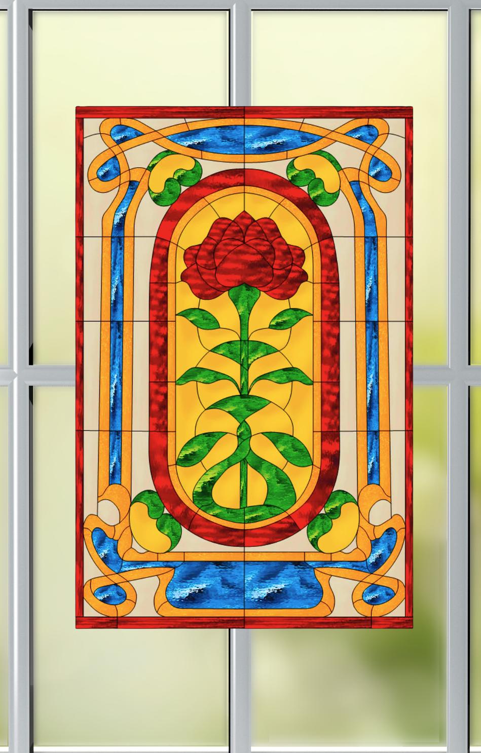 赤いバラのフェイクステンドグラス窓用ステッカー 光沢、半透明、両面