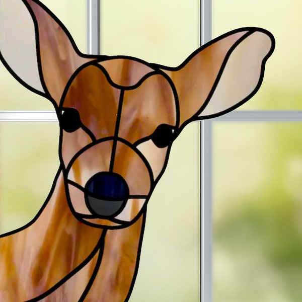 Peeking Deer Faux Stained Glass FENSTERAUFKLEBER ~ Suncatcher Größe 23 cm Dickes Glassy Deluxe Vinyl