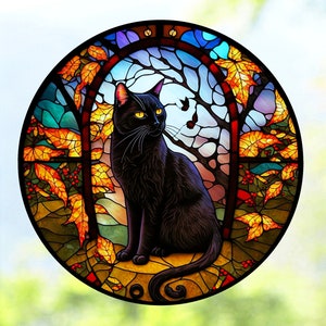 Black Cat WINDOW CLING ~ Faux Stained Glass ~ Suncatcher Size 8" Round ~  Thick Glassy Deluxe Vinyl