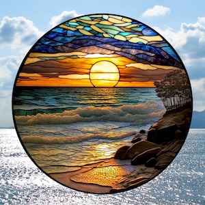 Ocean Beach Faux Stained Glass Deluxe WINDOW CLING ~ Beach at Sunset ~  Sun-catcher  Size 8&quot; Repositionable Vinyl