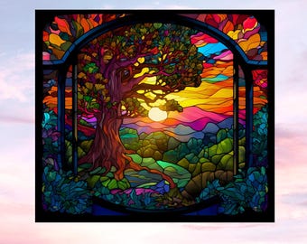 Tree at Sunset Faux Stained Glass WINDOW CLING Glossy, Translucent, Double-Sided