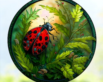 Ladybug WINDOW CLING ~ Faux Stained Glass ~ Suncatcher Size 8" Round ~  with Glassy Deluxe Vinyl