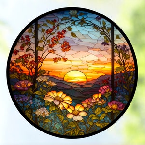 Sunset & Flowers Faux Stained Glass WINDOW CLING Suncatcher Size 8 Round Thick Glassy Deluxe Vinyl image 4