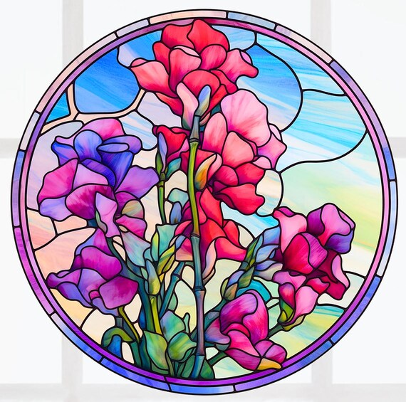 ステンドグラスパネル　スイトピー Sweet Pea Flowers Faux Stained-Glass WINDOW CLING - Etsy 日本