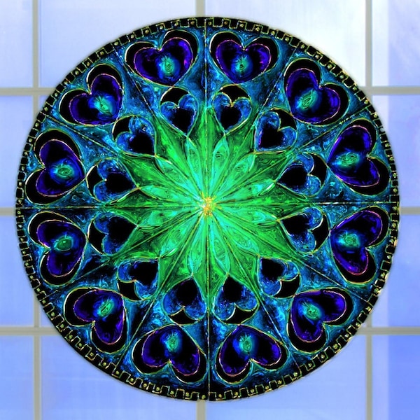 Cut Glass Mandala Suncatcher ~ WINDOW CLING ~ Jewel Hearts ~ Cobalt Blue & Emerald Green ~ Size 8"  Thick Glassy Deluxe Vinyl