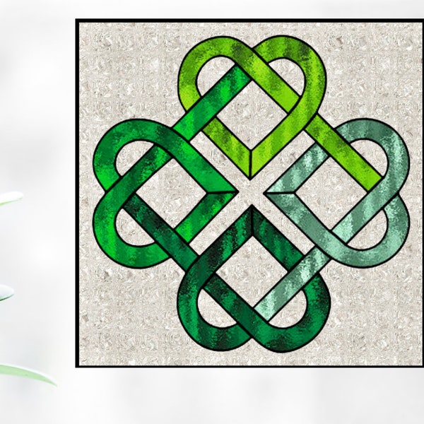 Celtic Shamrock Faux Stained Glass WINDOW CLING ~ Irish Clover ~ Hearts ~ Size 8" Square Thick Glassy Deluxe Vinyl