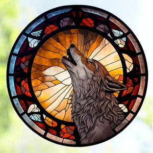 Howling Wolf Faux Stained Glass WINDOW CLING ~ Suncatcher Size 8" Round ~  Thick Glassy Deluxe Vinyl