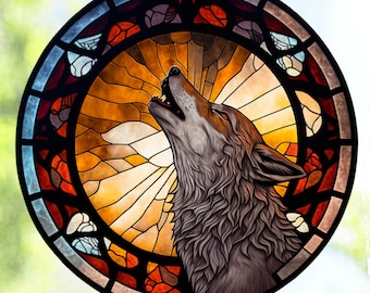 Howling Wolf Faux Stained Glass WINDOW CLING ~ Suncatcher Size 8" Round ~  Thick Glassy Deluxe Vinyl