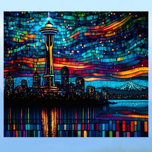 May include: A stained glass style illustration of the Seattle skyline at night with the Space Needle in the center. The sky is a vibrant blue with streaks of orange, yellow, and purple. The city lights are twinkling and there is a reflection of the city in the water below.