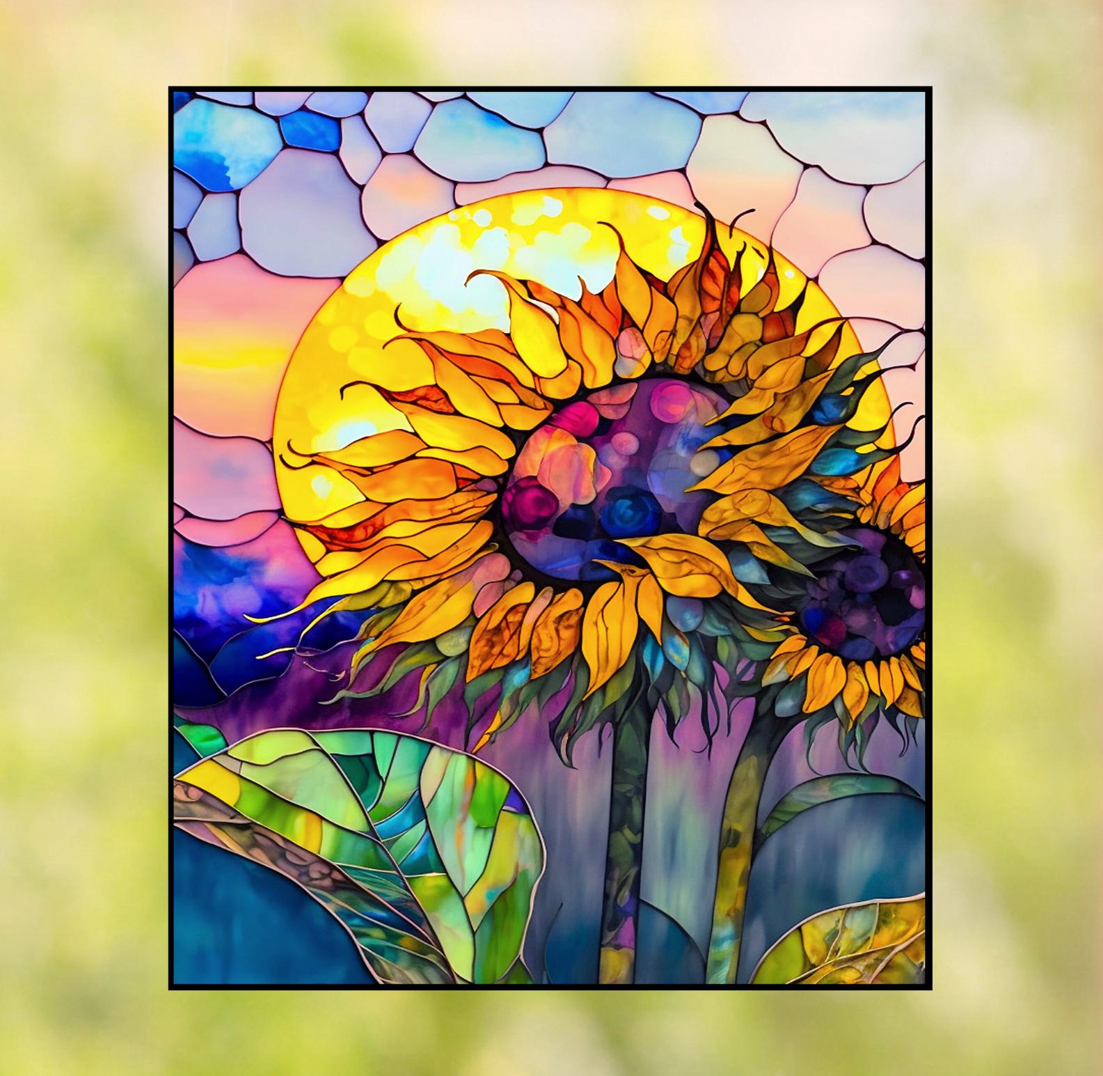 Mosaic Sunflower Faux Stained Glass WINDOW CLING ~ Sun-catcher Size 9.5" Repositionable Vinyl