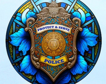 POLICE Badge Faux Stained Glass WINDOW CLING ~ Protect and Serve ~ Size 8" Round ~  Thick Glassy Deluxe Vinyl