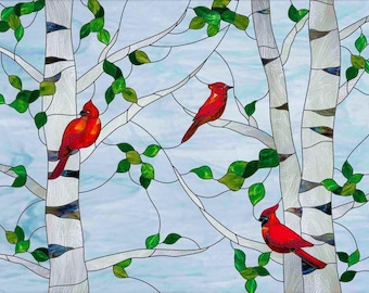 Faux Stained Glass Cardinals in Birch Trees WINDOW CLING ~ Suncatcher Size 10.5"  with Glassy Deluxe Vinyl