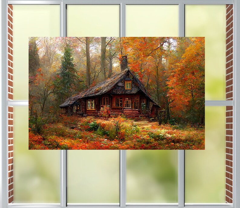 Fall Cabin WINDOW CLING Autumn Leaves Rustic Log Cabin in Etsy