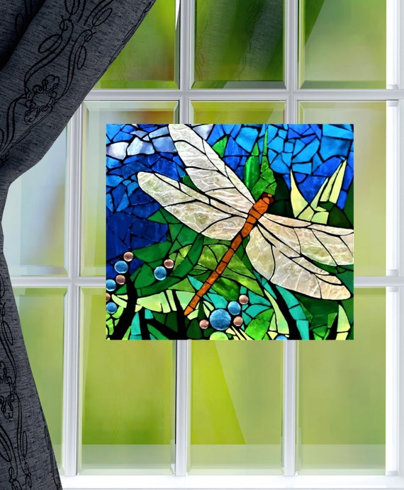 Faux Stained Glass Dragonfly WINDOW CLING Mosaic Style Etsy